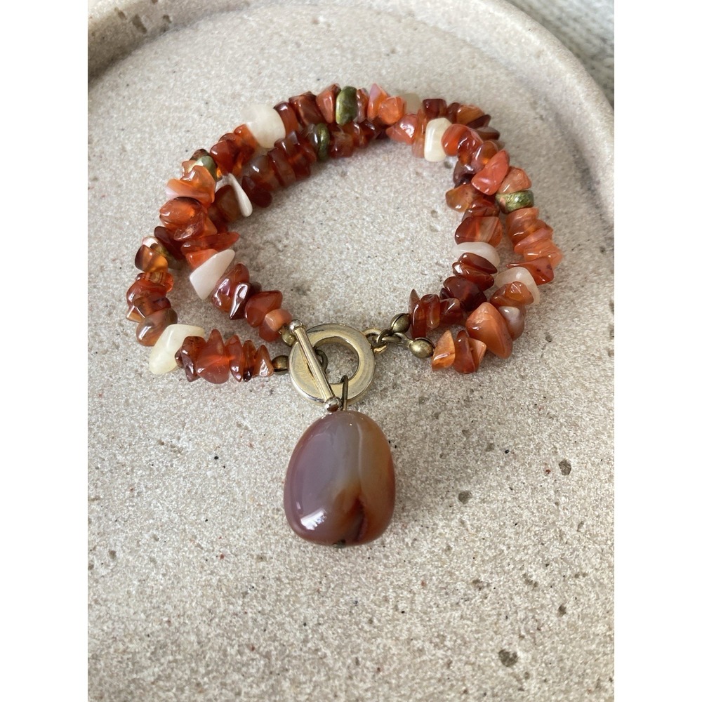 Chip‎ Bead Bracelet Brown Rusty Orange Stone Pendant Toggle Clasp Earthy